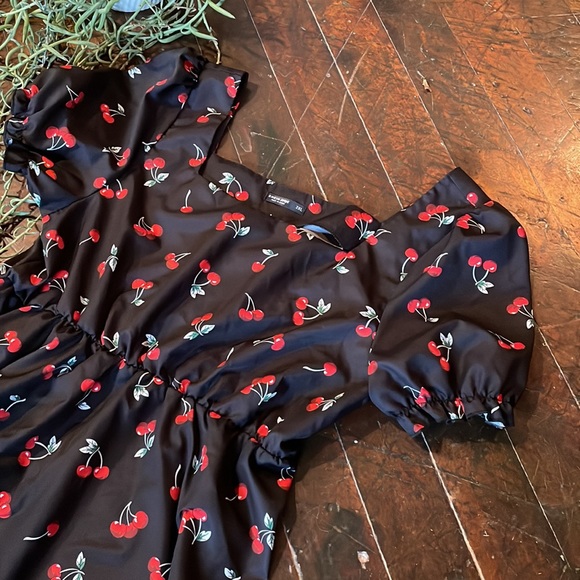 Shein Curve Cherry Print 🍒 Retro Flowing Babydoll Mini Dress - Picture 2 of 3